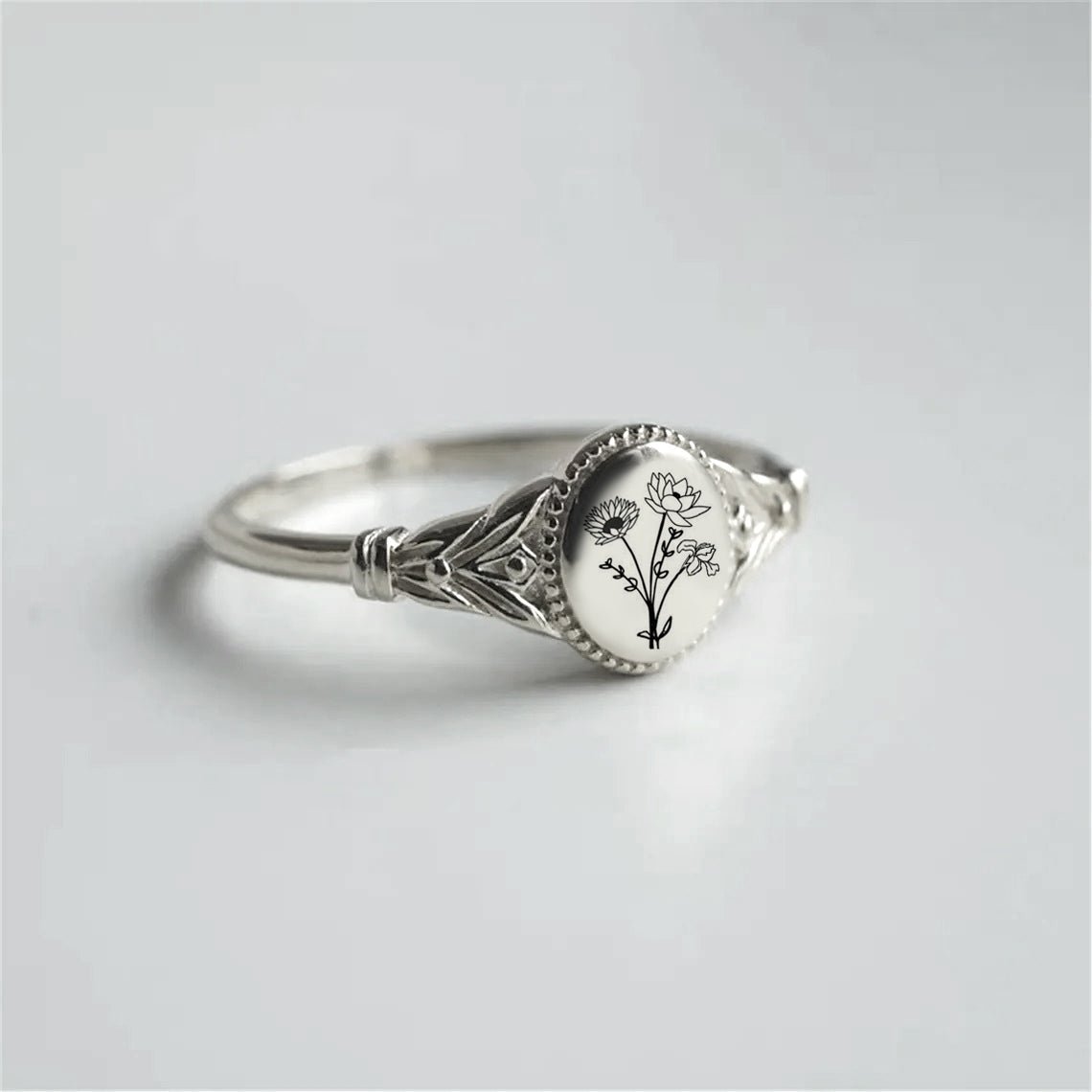 Sterling Silver Birth Flower Ring Bouquet Ring Personalized Flower Ring Nature Gift for Mother Women - Melcharm