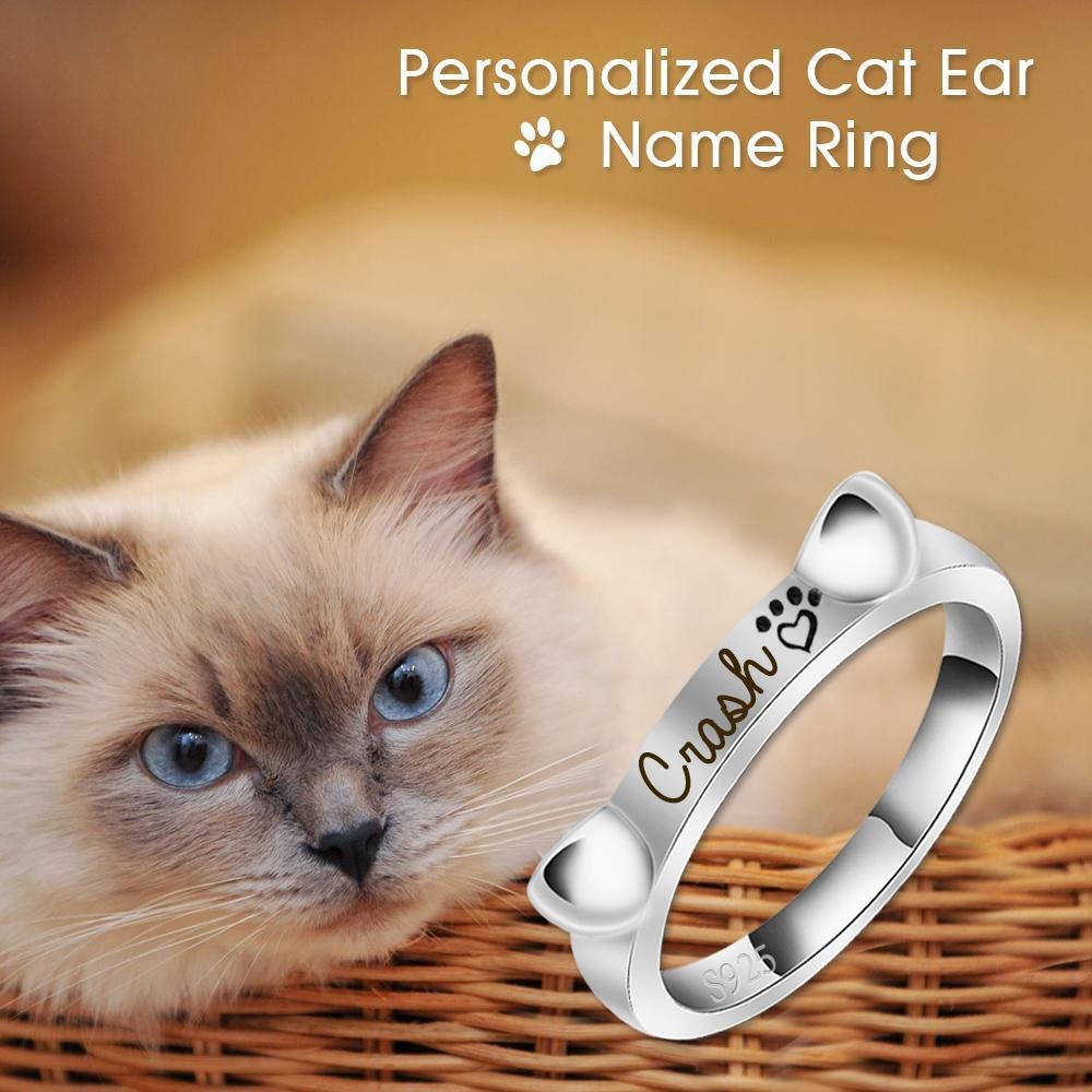 925 Sterling Silver Name Engraved Ear & Bone Shaped Pet Ring - Melcharm