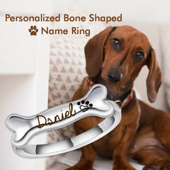 925 Sterling Silver Name Engraved Ear & Bone Shaped Pet Ring - Melcharm