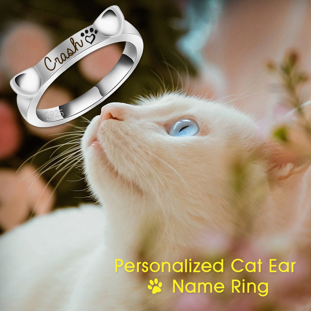 925 Sterling Silver Name Engraved Ear & Bone Shaped Pet Ring - Melcharm