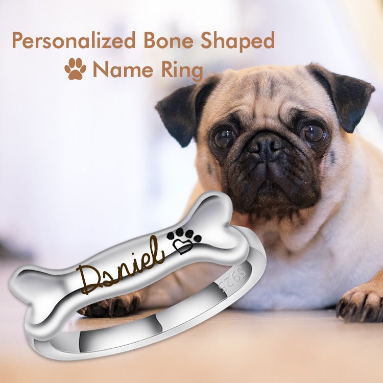 925 Sterling Silver Name Engraved Ear & Bone Shaped Pet Ring - Melcharm