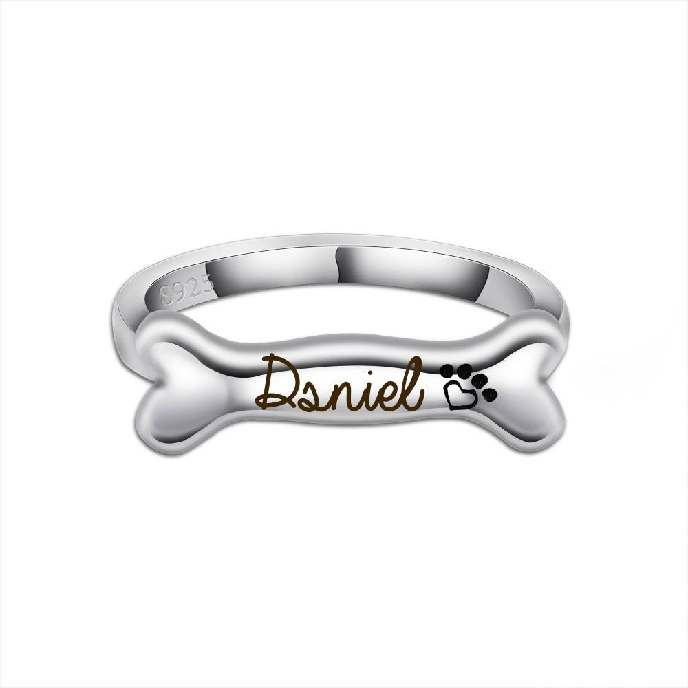 925 Sterling Silver Name Engraved Ear & Bone Shaped Pet Ring - Melcharm