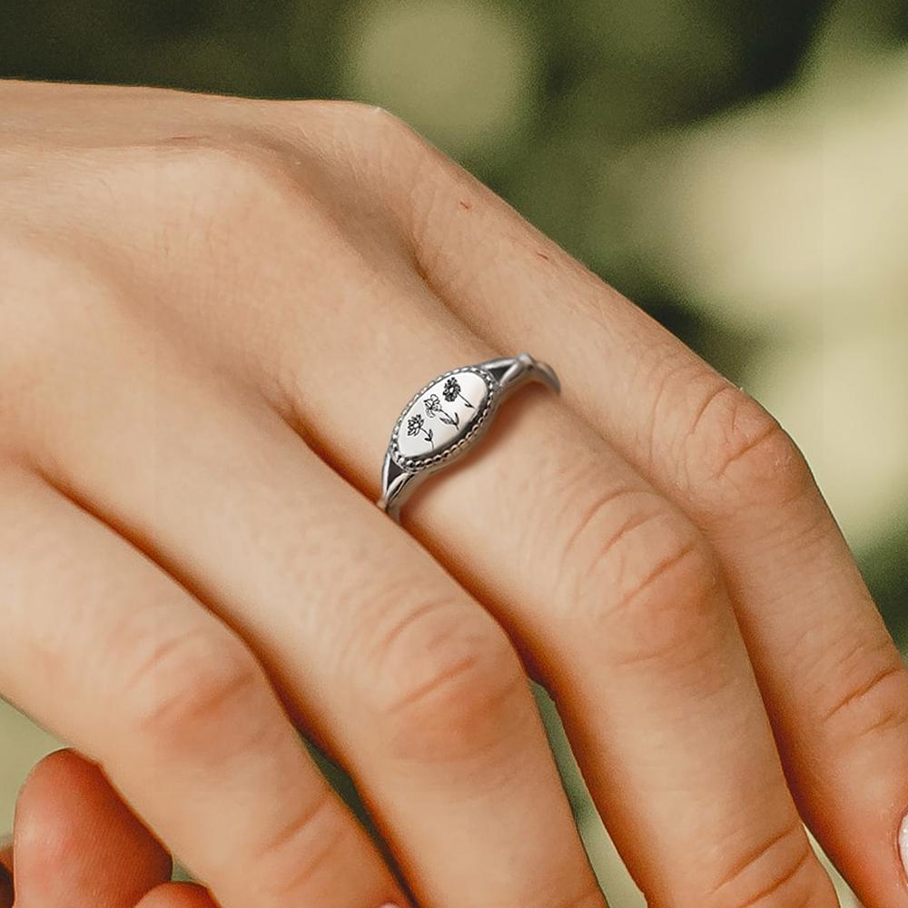 925 Sterling Silver Personalized Birth Flower Ring Wildflower Ring Gift for Mother - Melcharm