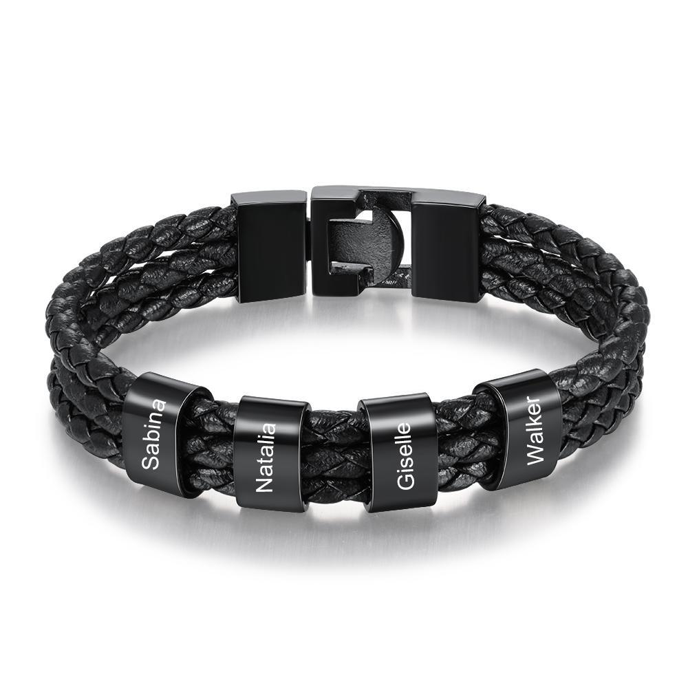 Black Braided Leather Custom 7 Beads Men's Bracelets For Him Best Gift For Him - Melcharm