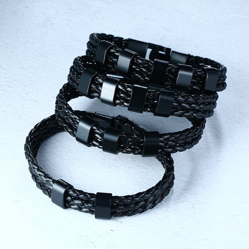 Black Braided Leather Custom 7 Beads Men's Bracelets For Him Best Gift For Him - Melcharm