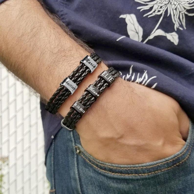 Black Braided Leather Custom 7 Beads Men's Bracelets For Him Best Gift For Him - Melcharm