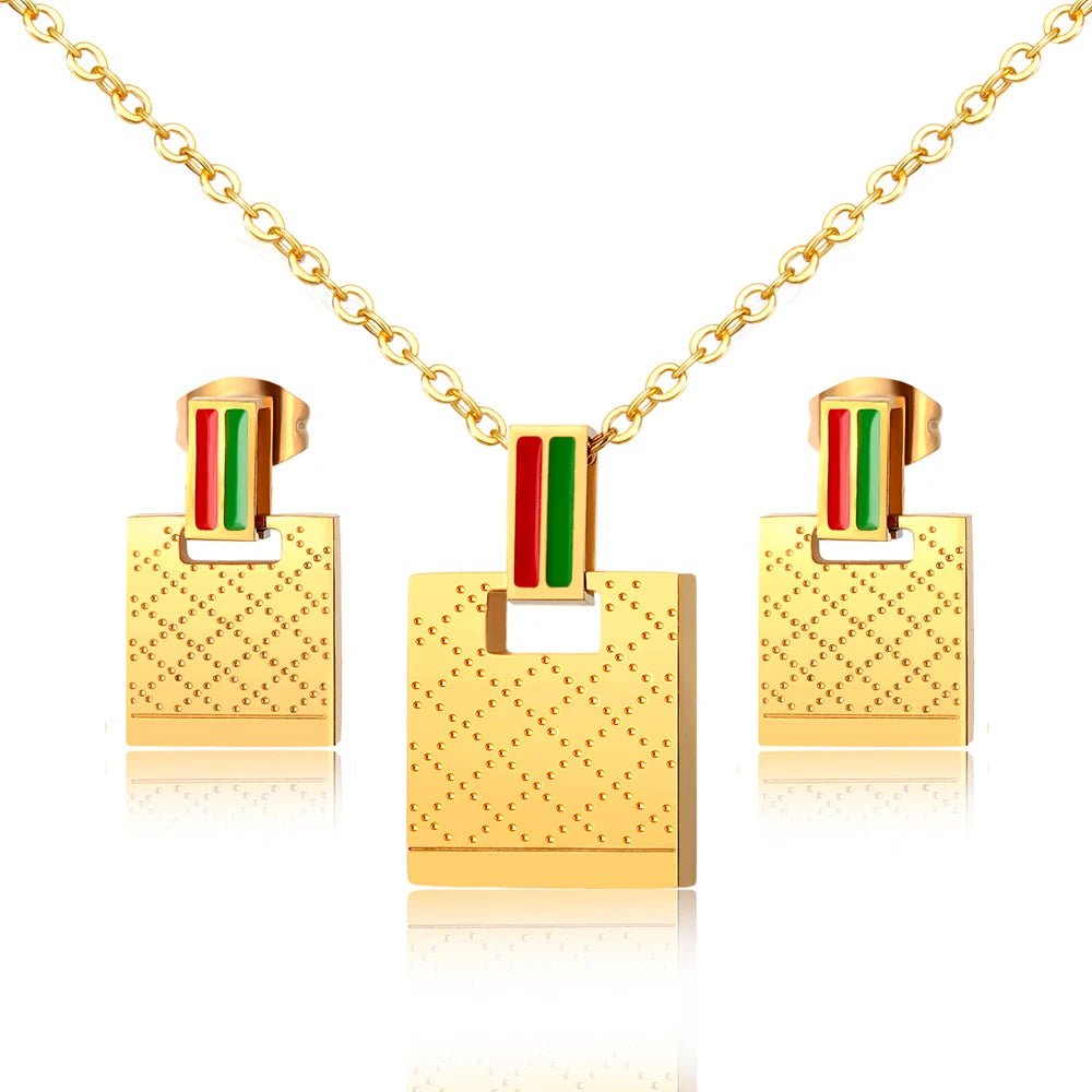 Christmas Fashion Female Woman Jewelry Set Gold Color Square Pendant Necklace Charm Green & Red Bar Stud Earrings Jewelry Gift - Melcharm