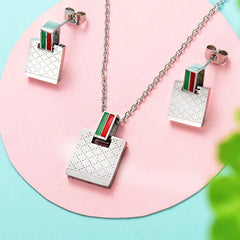 Christmas Fashion Female Woman Jewelry Set Gold Color Square Pendant Necklace Charm Green & Red Bar Stud Earrings Jewelry Gift - Melcharm