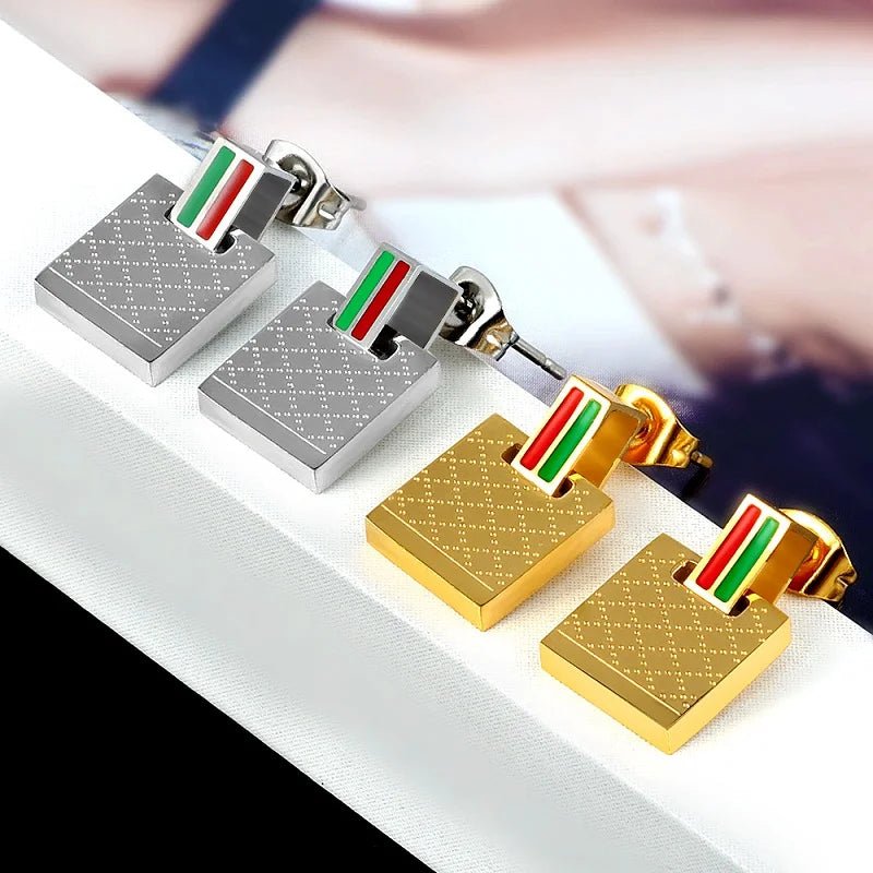 Christmas Fashion Female Woman Jewelry Set Gold Color Square Pendant Necklace Charm Green & Red Bar Stud Earrings Jewelry Gift - Melcharm