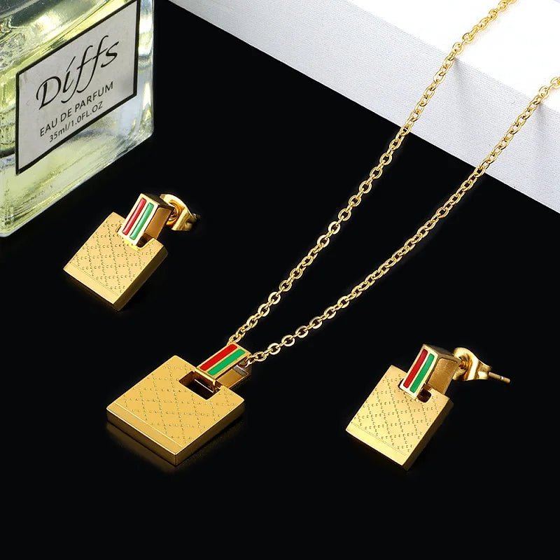 Christmas Fashion Female Woman Jewelry Set Gold Color Square Pendant Necklace Charm Green & Red Bar Stud Earrings Jewelry Gift - Melcharm