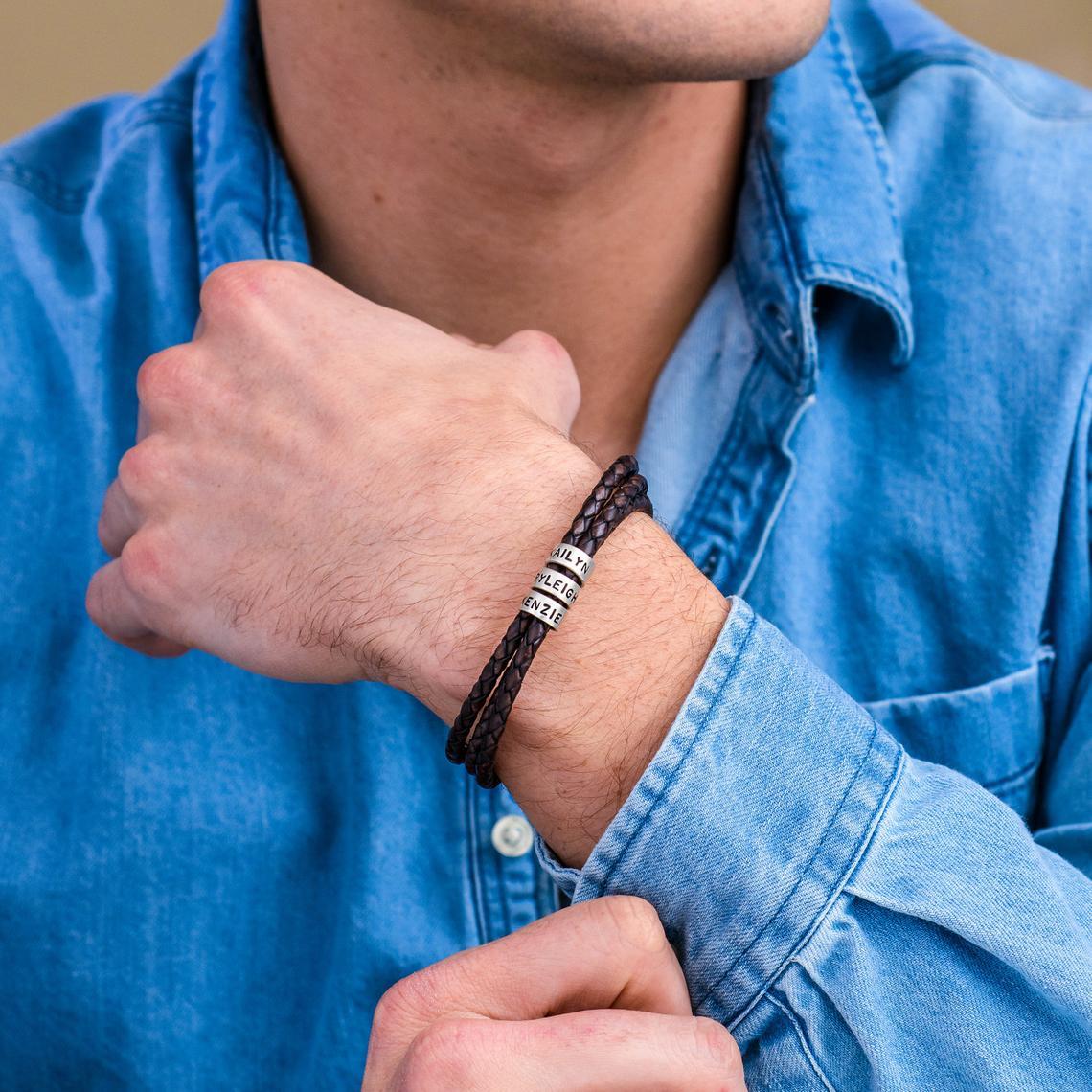 Custom Beads Men's Leather Bracelet With Name - Melcharm