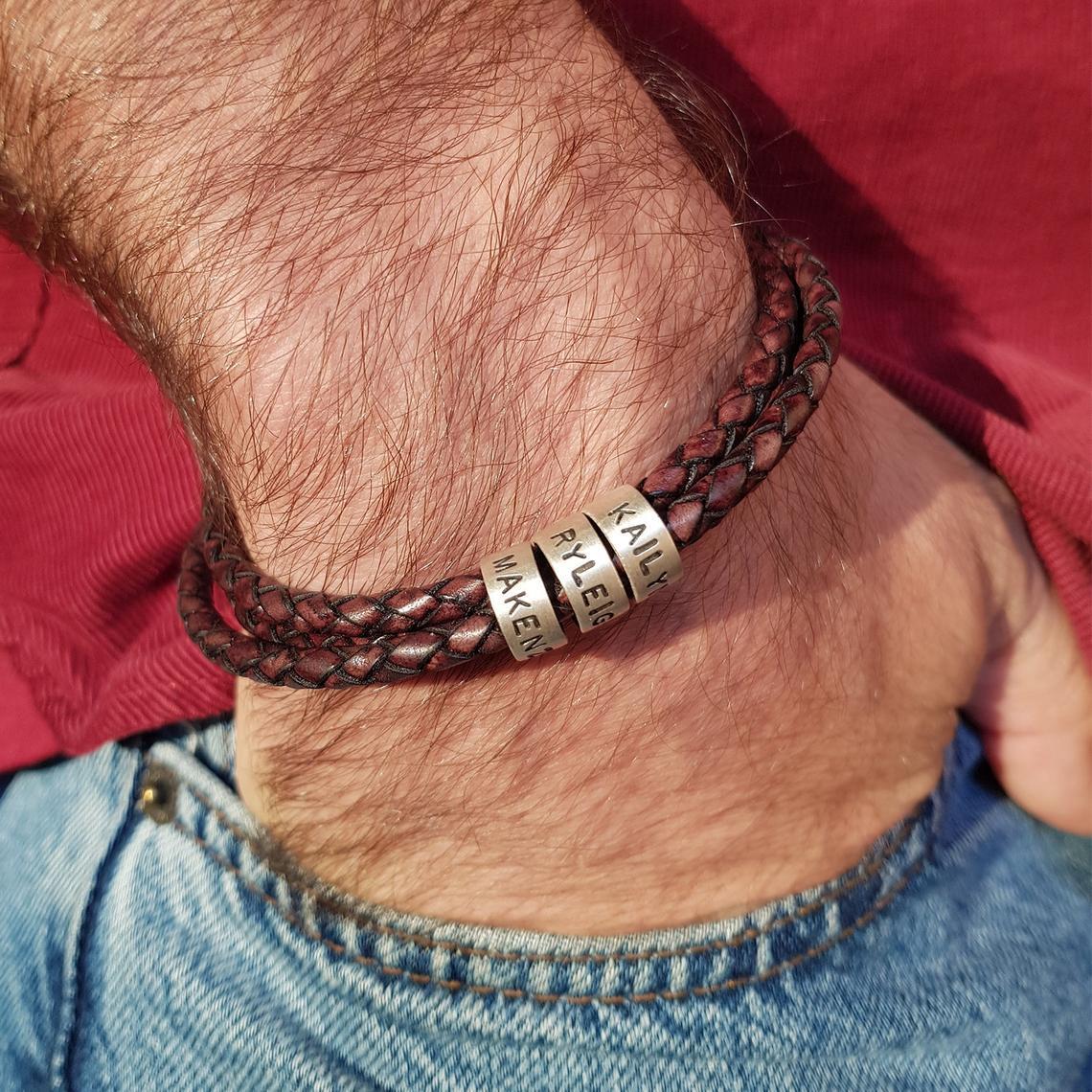 Custom Beads Men's Leather Bracelet With Name - Melcharm