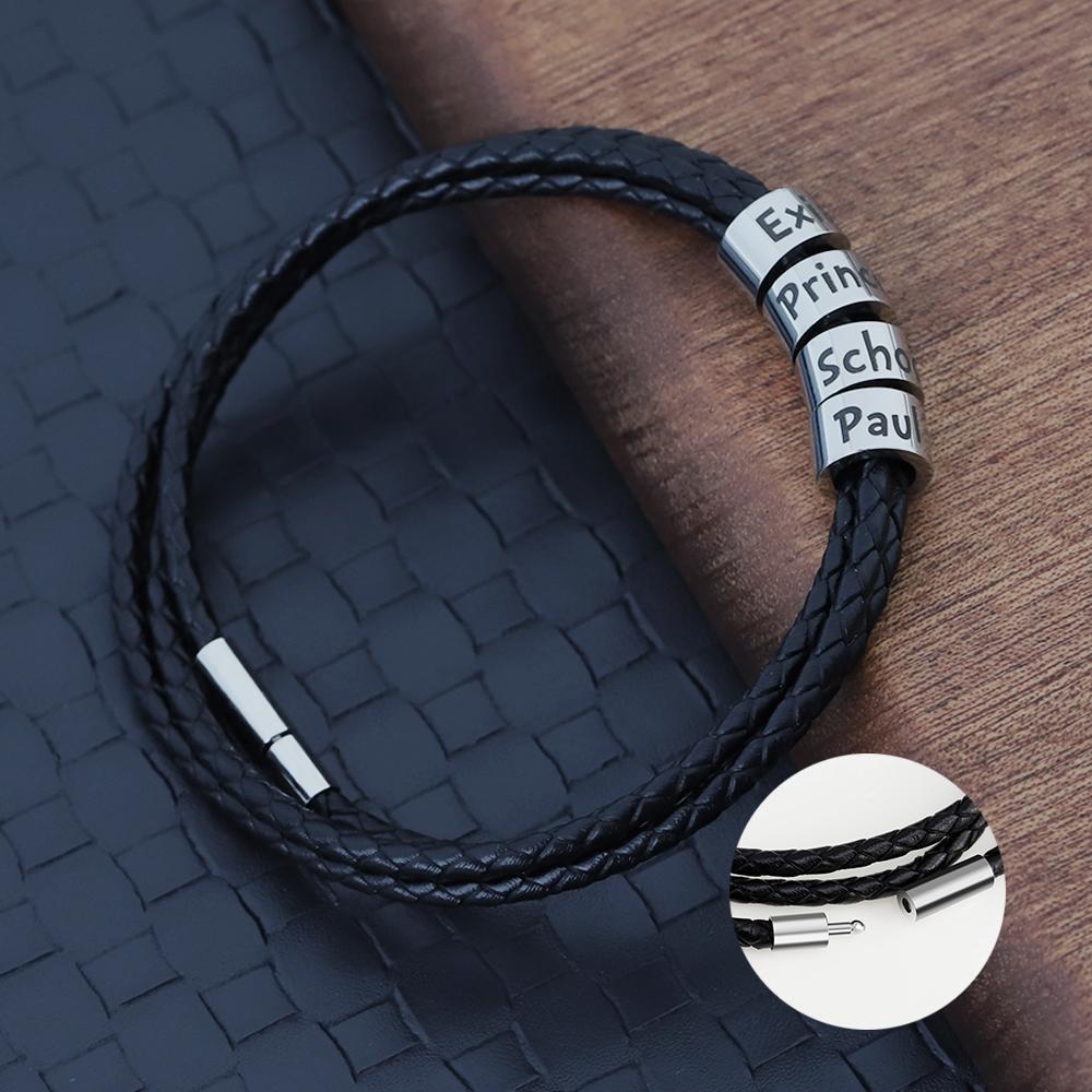 Custom Beads Men's Leather Bracelet With Name - Melcharm