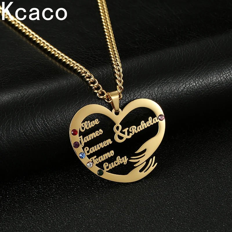 Custom Family Names Necklace Personalized Stainless Steel Pendant with 3mm Cuban Chain Birthstone Heart Hand Hug Life Tree - Melcharm