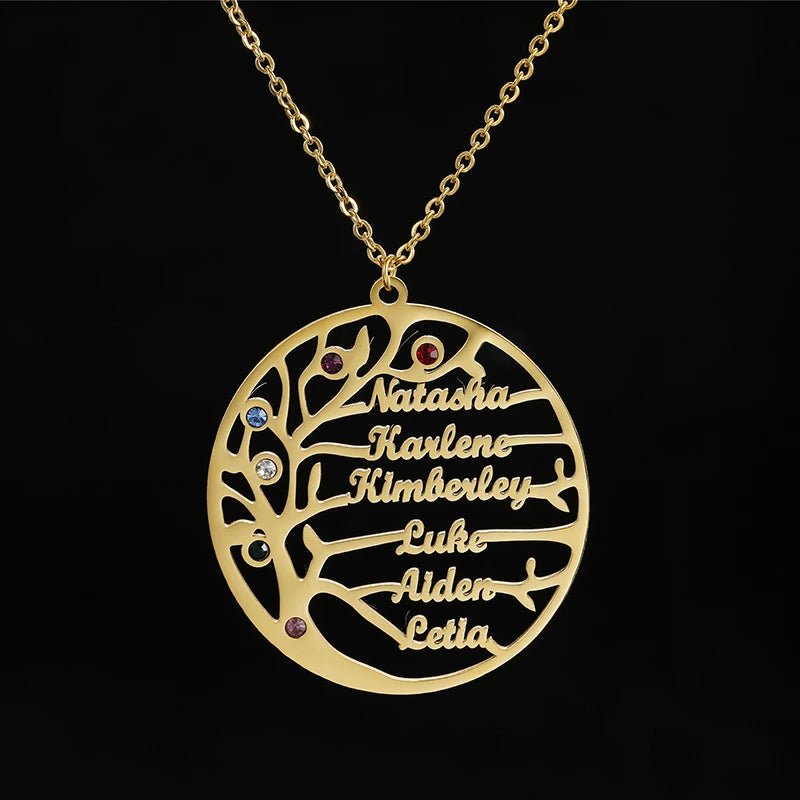 Custom Family Names Necklace Personalized Stainless Steel Pendant with 3mm Cuban Chain Birthstone Heart Hand Hug Life Tree - Melcharm