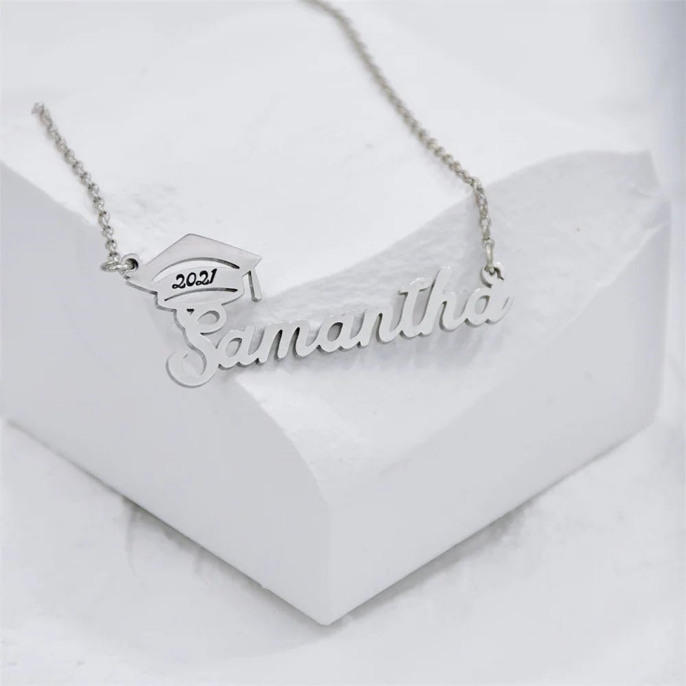 Custom Name Necklaces Women Men Stainless Steel Personalize Bachelor Cap Shaped Nameplate Pendant Collar Graduation Jewelry Gift - Melcharm