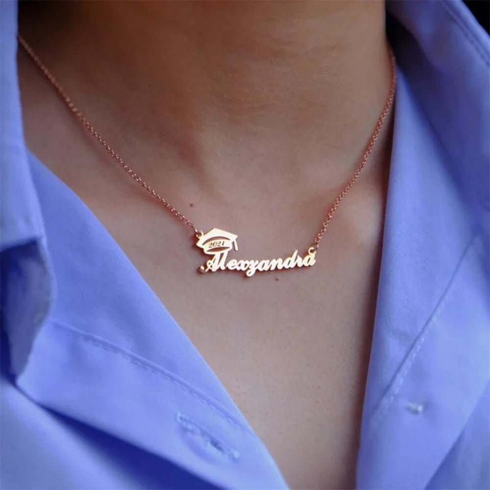 Custom Name Necklaces Women Men Stainless Steel Personalize Bachelor Cap Shaped Nameplate Pendant Collar Graduation Jewelry Gift - Melcharm