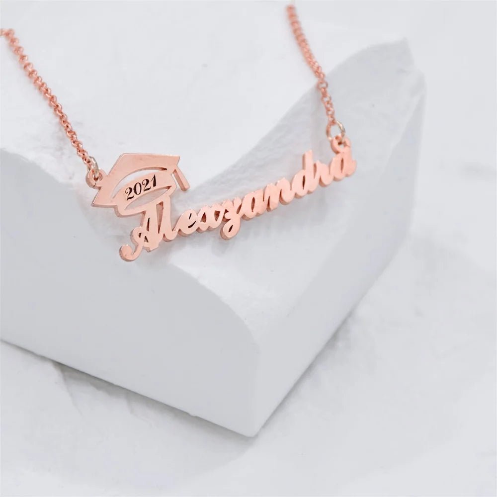 Custom Name Necklaces Women Men Stainless Steel Personalize Bachelor Cap Shaped Nameplate Pendant Collar Graduation Jewelry Gift - Melcharm