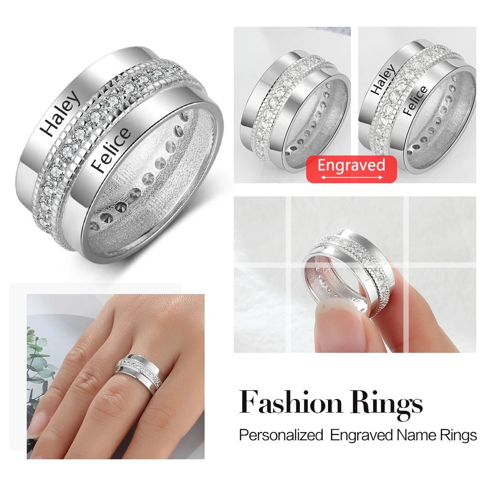 Fashion Personalized Engraved Name Rings for Women Customized Anniversary Engagement Ring with Cubic Zirconia Jewelry Gifts - Melcharm