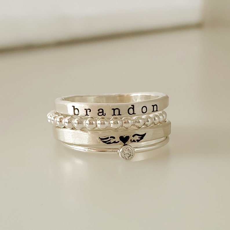 For Memorial - Personalized Name Angel Wings Stacked Custom 4 Ring Set - Melcharm