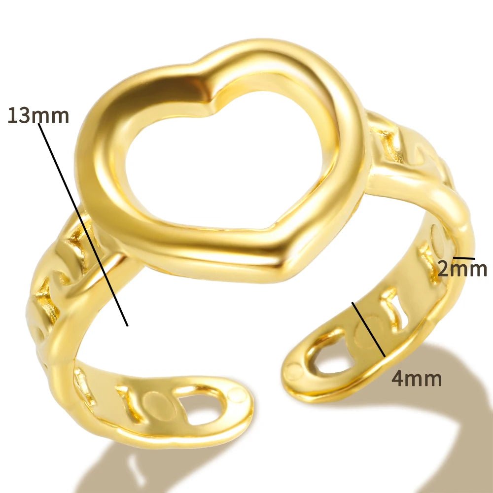 Heart Hollow Design Square Chain Welded Stainless Steel Ring Opening Adjustable Fashion Trend Minimalist Style for Women - Melcharm