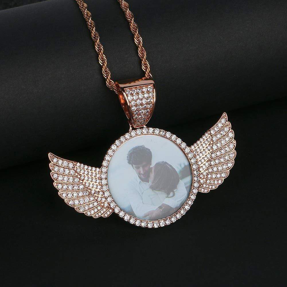 Initial Disc Necklace Personalized Photo Crystal Angel Wing - Melcharm