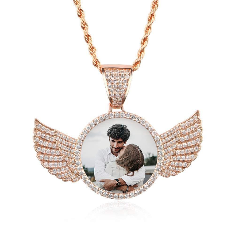 Initial Disc Necklace Personalized Photo Crystal Angel Wing - Melcharm