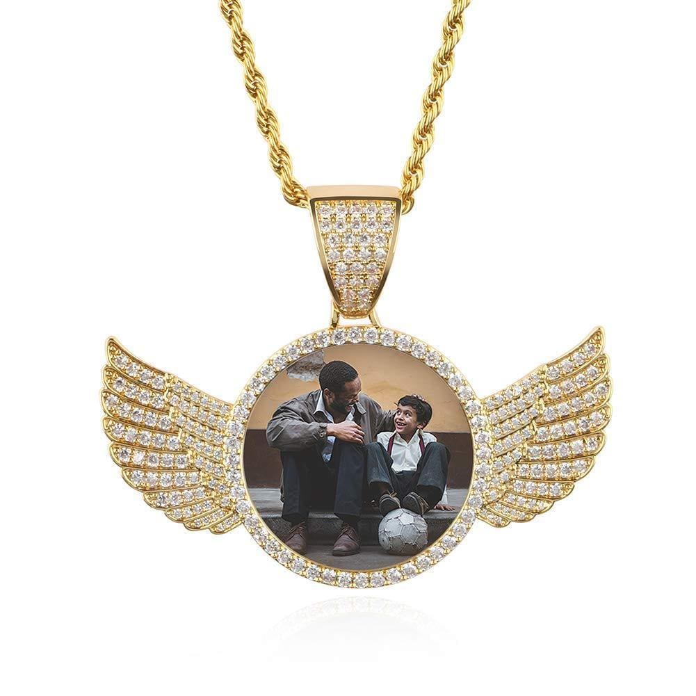 Initial Disc Necklace Personalized Photo Crystal Angel Wing - Melcharm