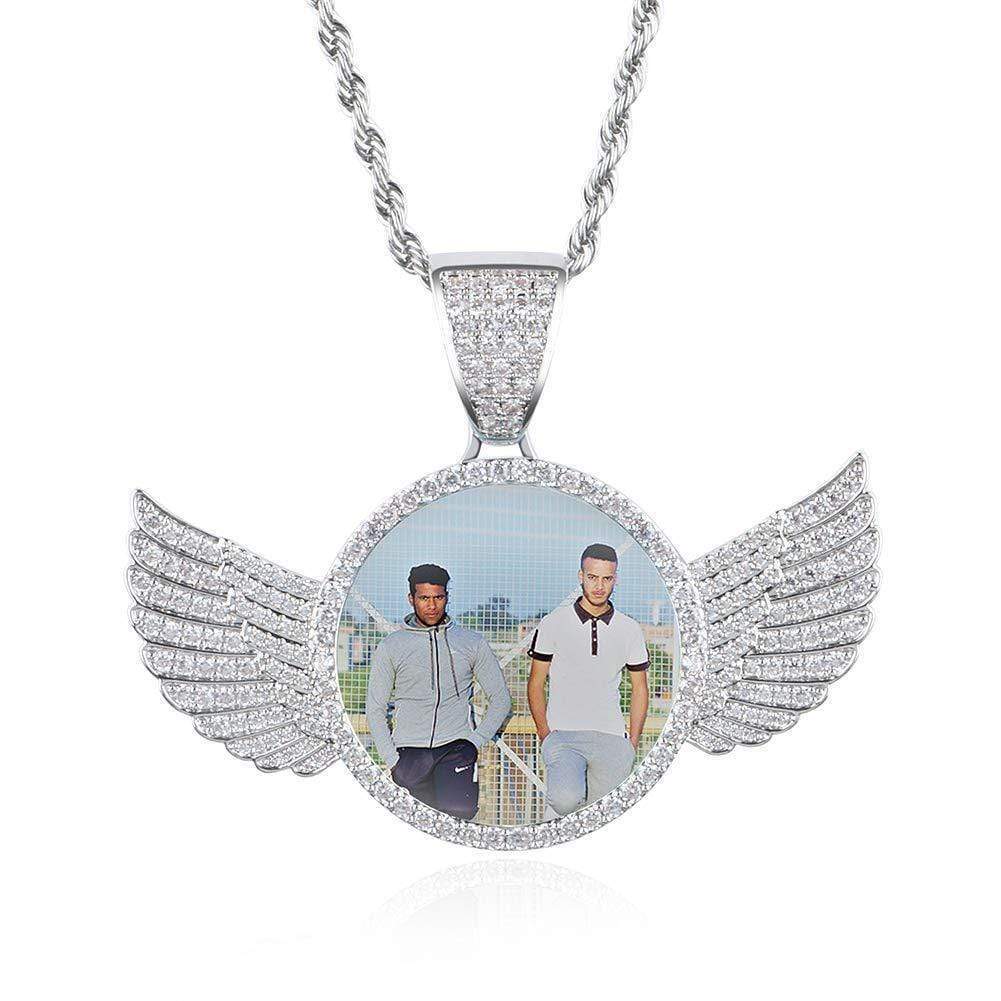 Initial Disc Necklace Personalized Photo Crystal Angel Wing - Melcharm