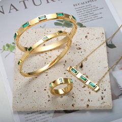 Luxury Square Green Cubic Zirconia Jewelry Set Crystal Cuff Bangle CZ Ring Necklace Jewelry - Melcharm