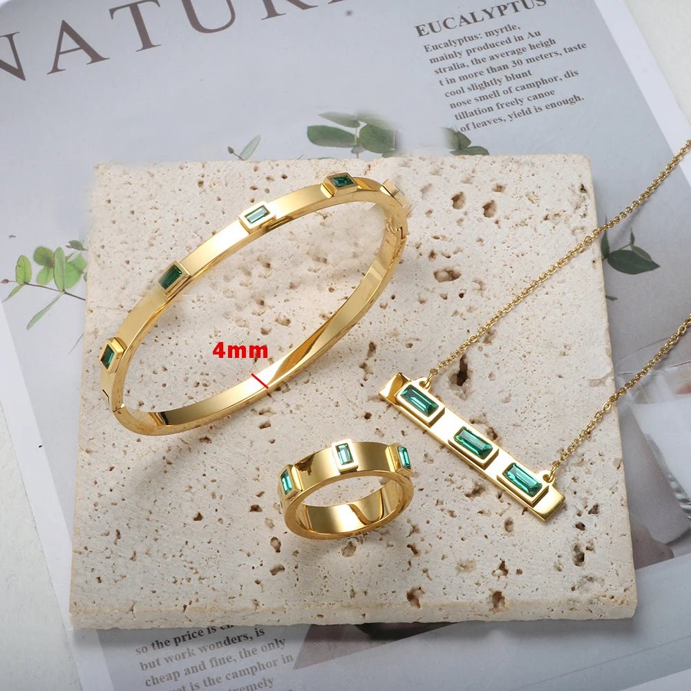 Luxury Square Green Cubic Zirconia Jewelry Set Crystal Cuff Bangle CZ Ring Necklace Jewelry - Melcharm