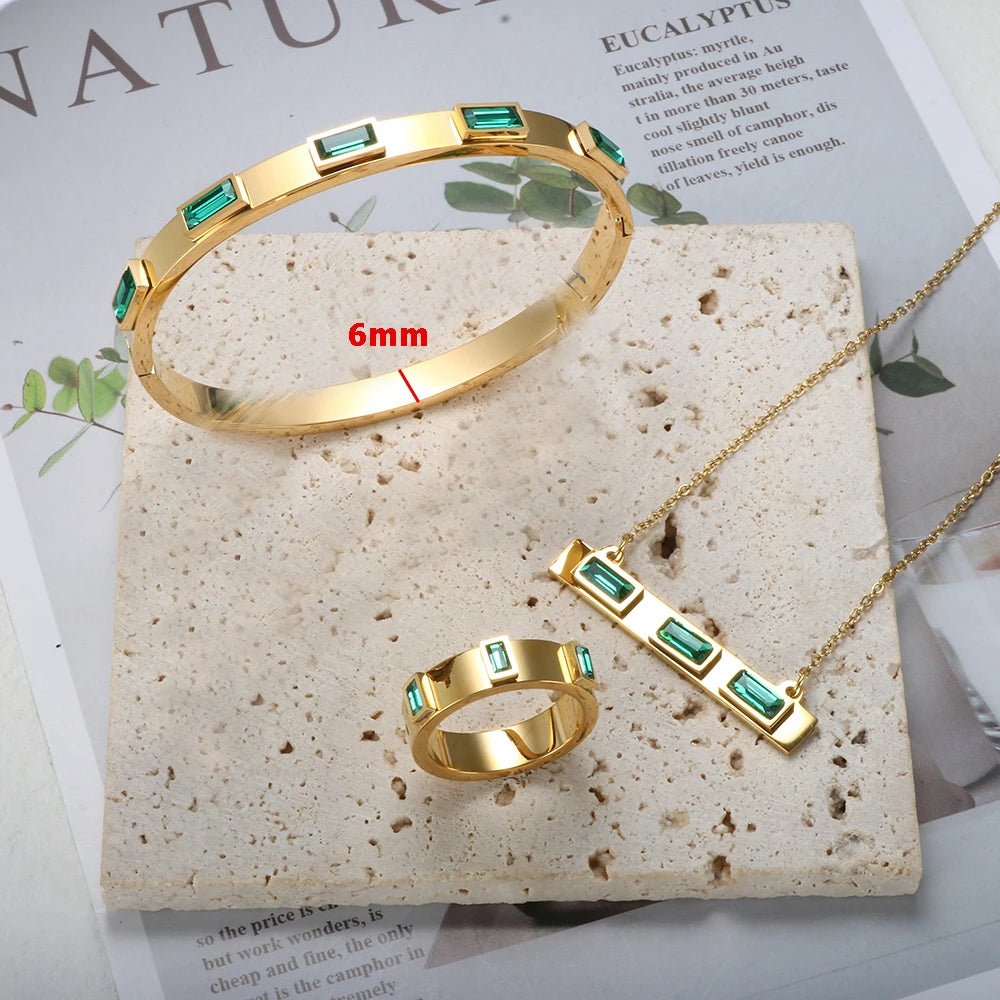 Luxury Square Green Cubic Zirconia Jewelry Set Crystal Cuff Bangle CZ Ring Necklace Jewelry - Melcharm