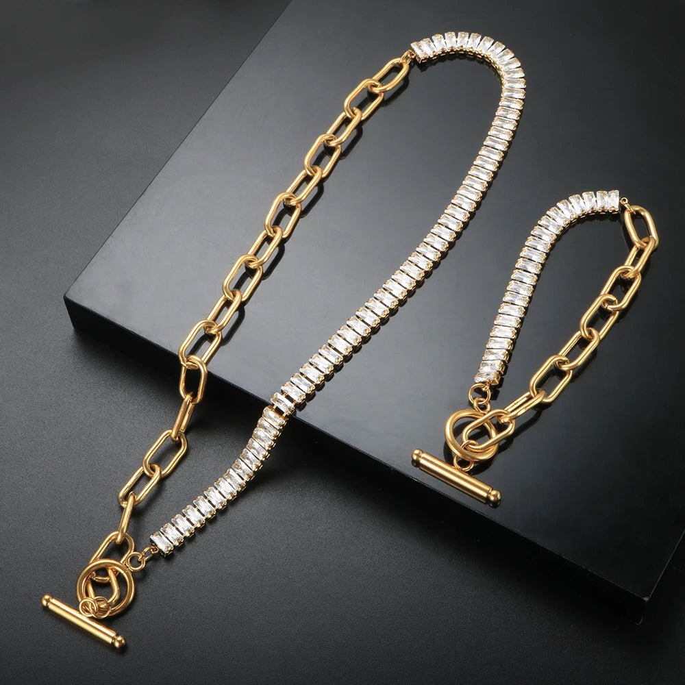 Luxury Square Zircon Choker Necklace Shiny Crystal Welding Chain Bracelet For Women Men Wedding Link Chain OT Clasp Jewelry Set - Melcharm