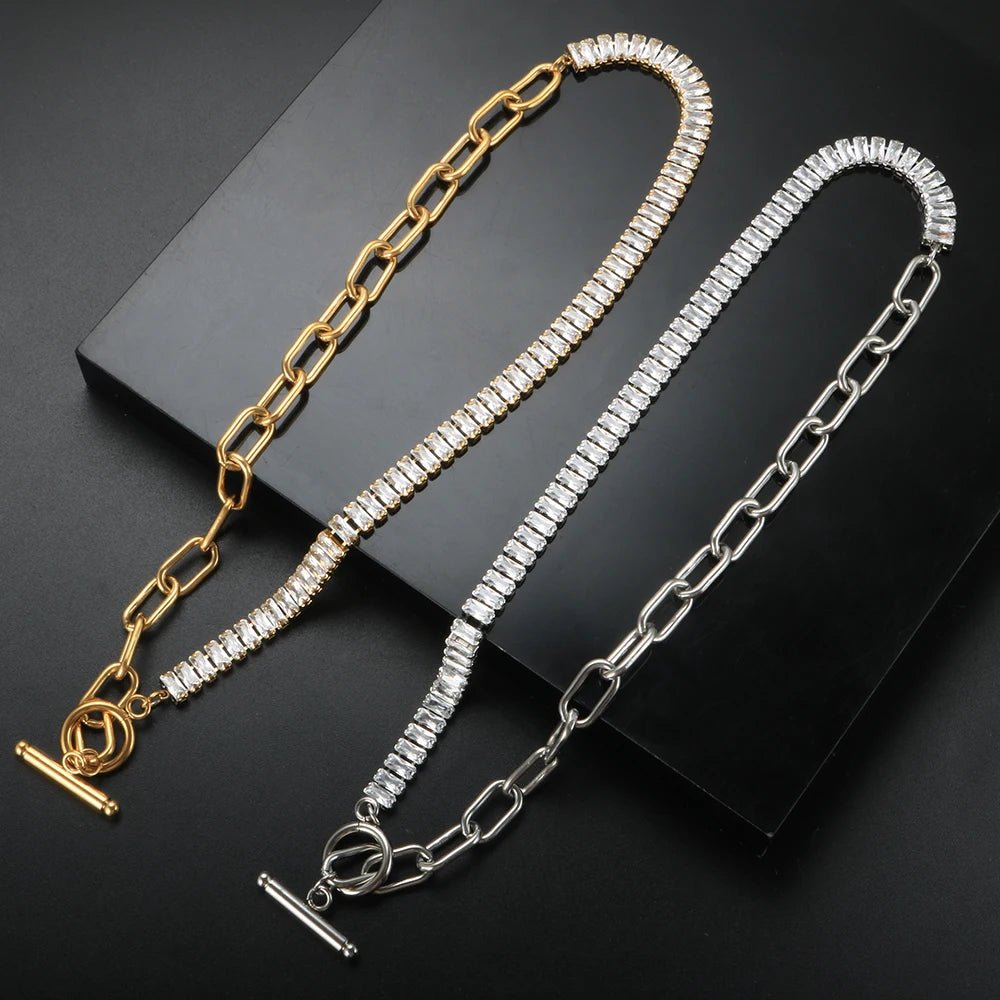 Luxury Square Zircon Choker Necklace Shiny Crystal Welding Chain Bracelet For Women Men Wedding Link Chain OT Clasp Jewelry Set - Melcharm