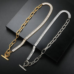 Luxury Square Zircon Choker Necklace Shiny Crystal Welding Chain Bracelet For Women Men Wedding Link Chain OT Clasp Jewelry Set - Melcharm