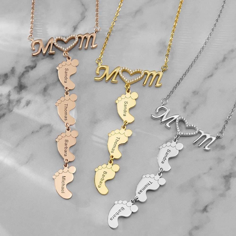 Mom Diamond Pendant Baby Feet Personalized Name Gift Necklace - Melcharm