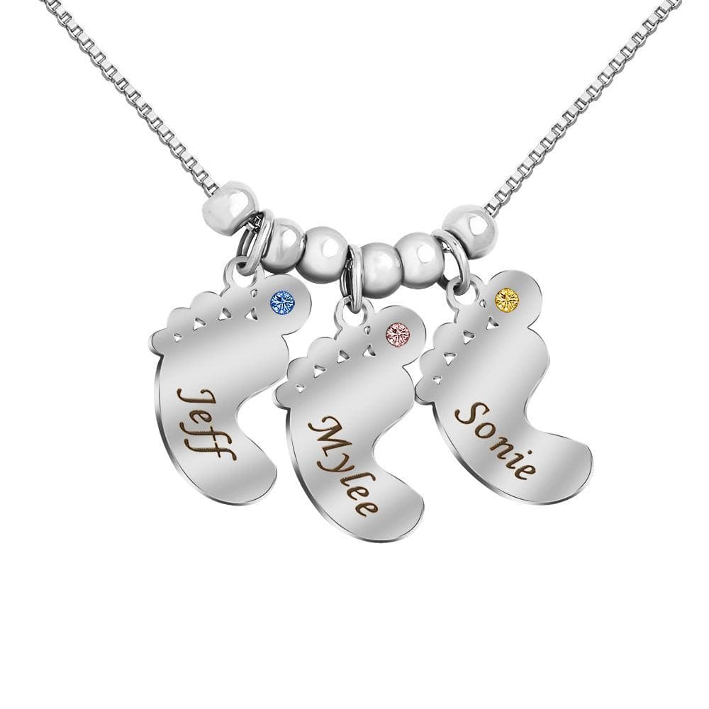 Mom Gift Personalized Baby Feet Pendant Birthstone Necklace With Names - Melcharm