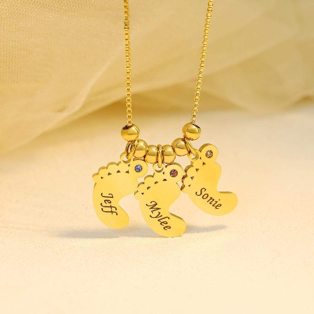 Mom Gift Personalized Baby Feet Pendant Birthstone Necklace With Names - Melcharm