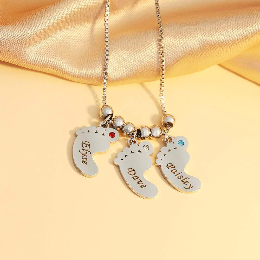 Mom Gift Personalized Baby Feet Pendant Birthstone Necklace With Names - Melcharm