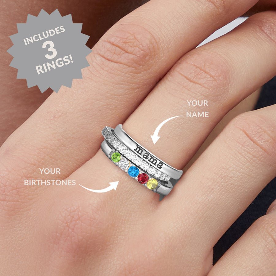 Mother's Ring Personalized Family Name Birthday Gift 3 Rings Set - Melcharm