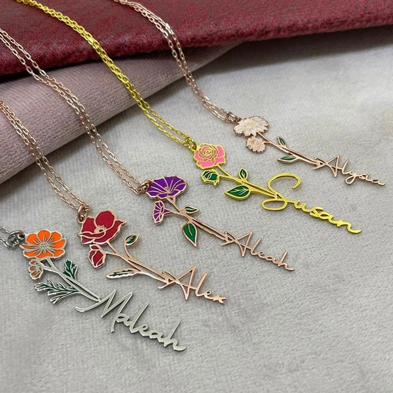 Name Necklace Personalized Birth Flower Custom Floral Jewelry birthday Mom's Gift - Melcharm