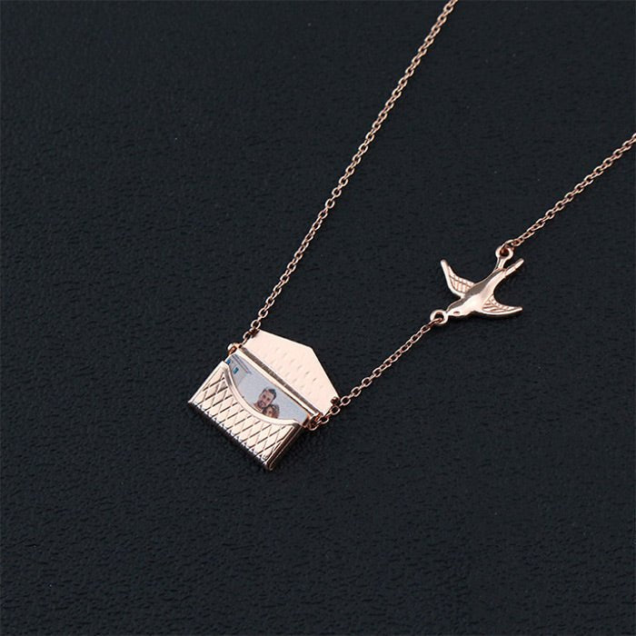 Personalised Photo Bird Pendant Engraved Envelope Bag Necklace - Melcharm