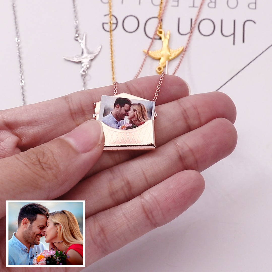 Personalised Photo Bird Pendant Engraved Envelope Bag Necklace - Melcharm