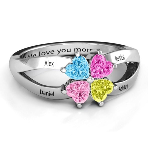 Personalized 2~4 Names Heart Ring 925 Sterling Silver Birthstone Rings - Melcharm