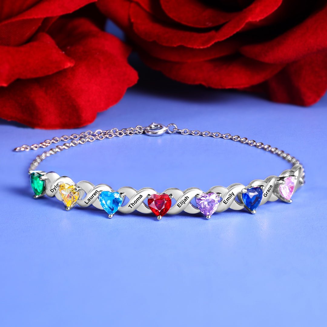 Personalized Bracelet With 5 Heart Birthstones Engraved Names Bracelet Gift For Women - Melcharm