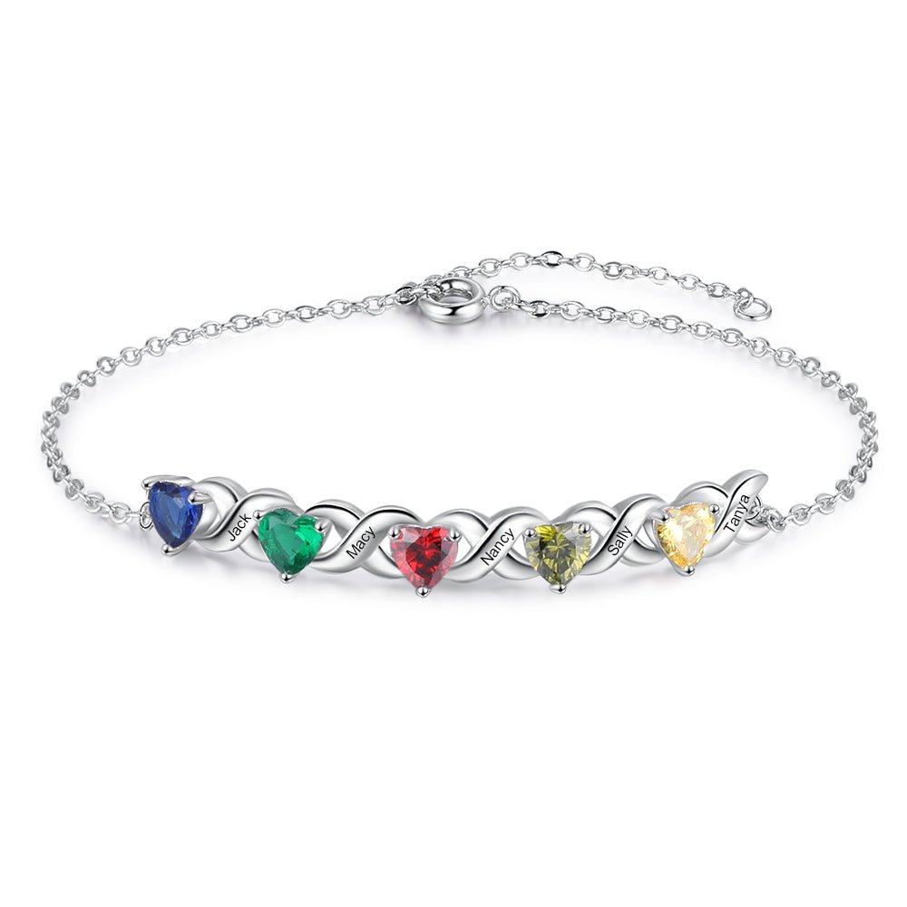 Personalized Bracelet With 5 Heart Birthstones Engraved Names Bracelet Gift For Women - Melcharm