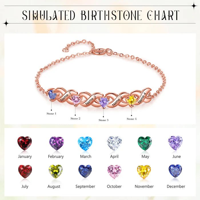 Personalized Bracelet With 5 Heart Birthstones Engraved Names Bracelet Gift For Women - Melcharm