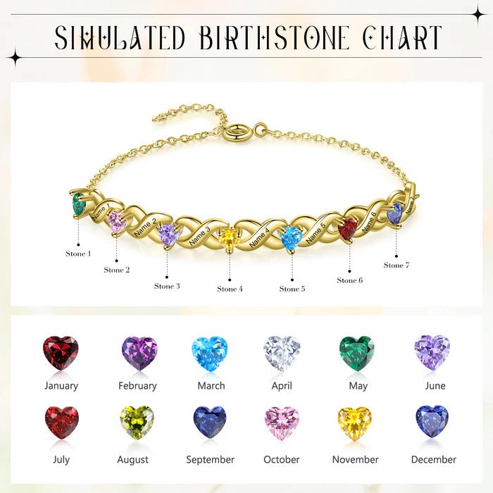 Personalized Bracelet With 5 Heart Birthstones Engraved Names Bracelet Gift For Women - Melcharm