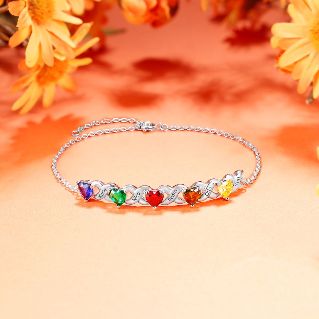 Personalized Bracelet With 5 Heart Birthstones Engraved Names Bracelet Gift For Women - Melcharm