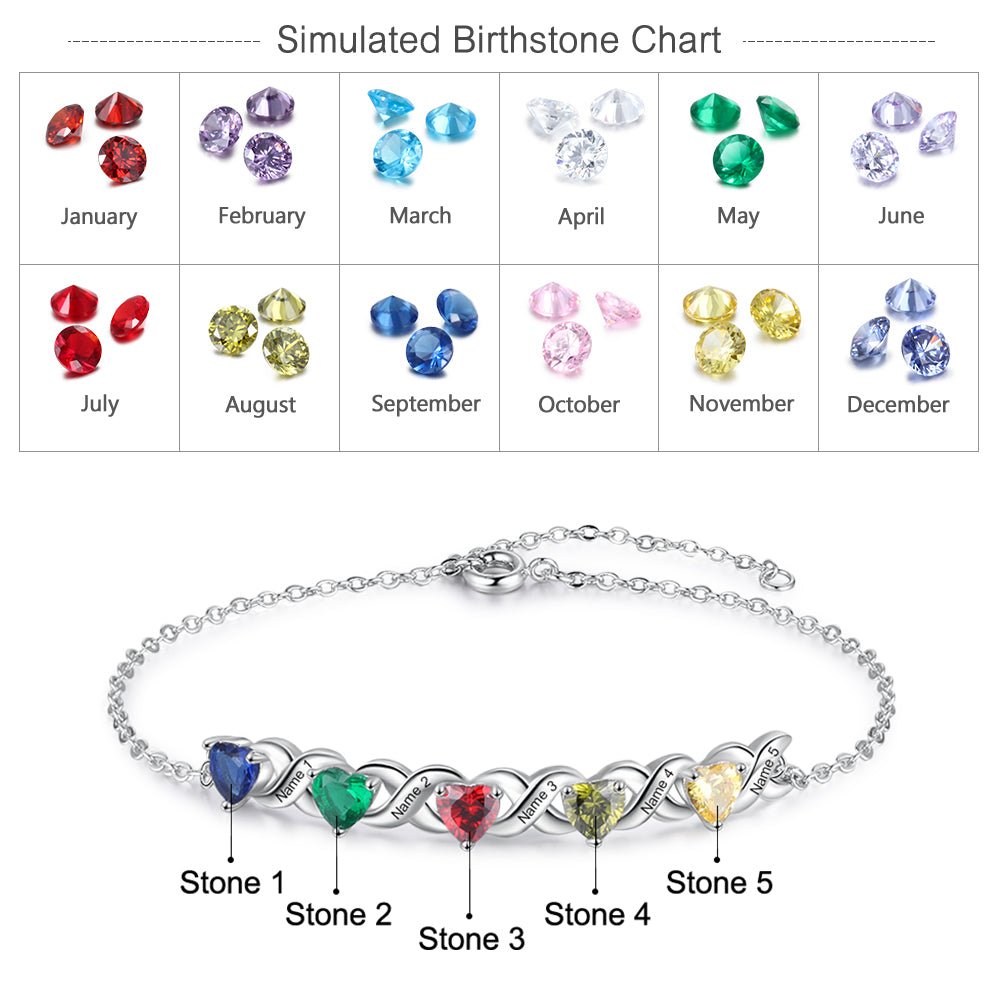 Personalized Bracelet With 5 Heart Birthstones Engraved Names Bracelet Gift For Women - Melcharm